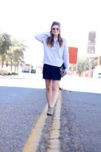 shades of blue skirt and sweater