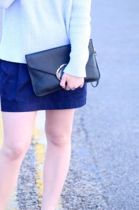 black clutch with blue outfit