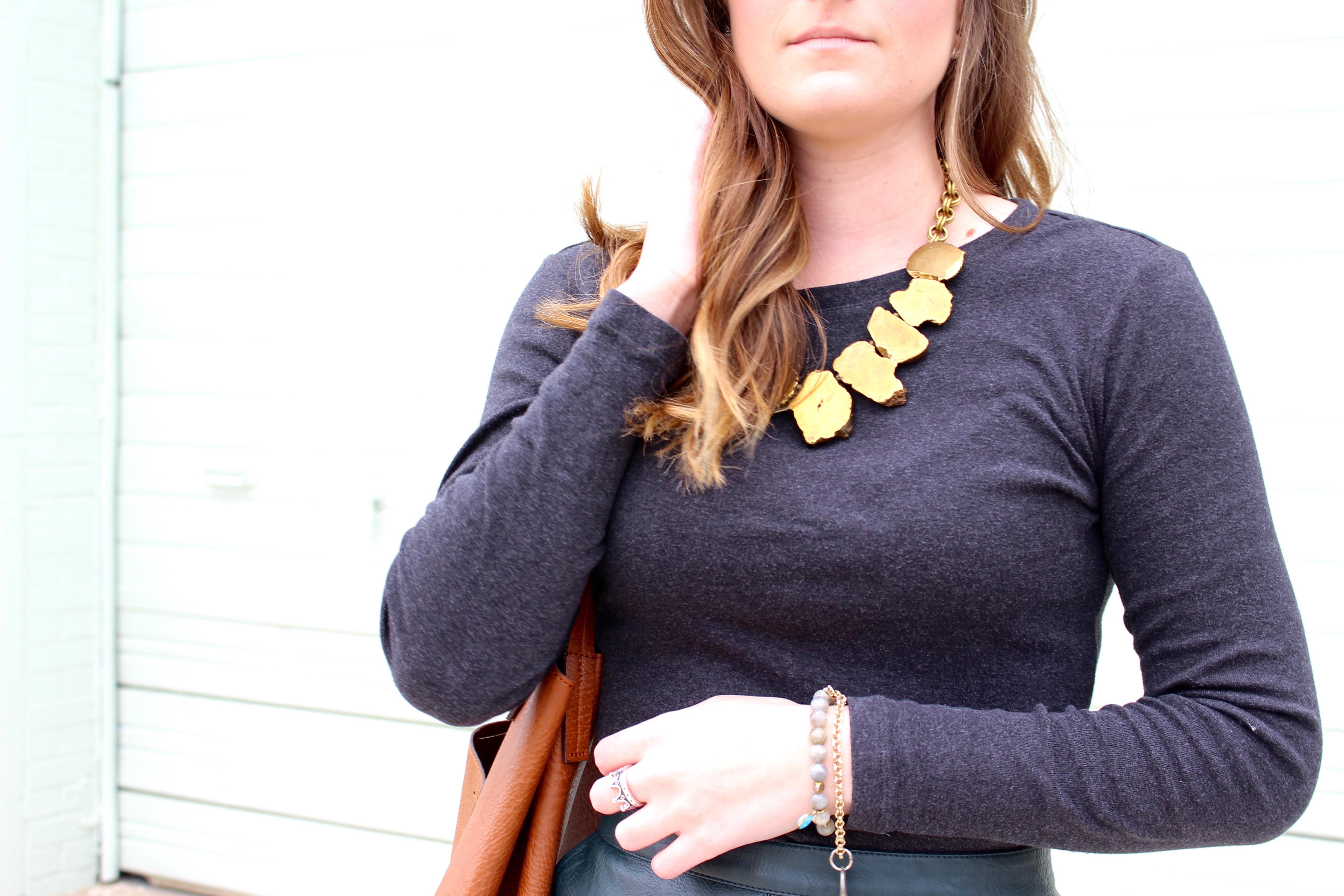statement necklace and jewelry - Green Leather Skirt by popular Texas fashion blogger Audrey Madison Stowe