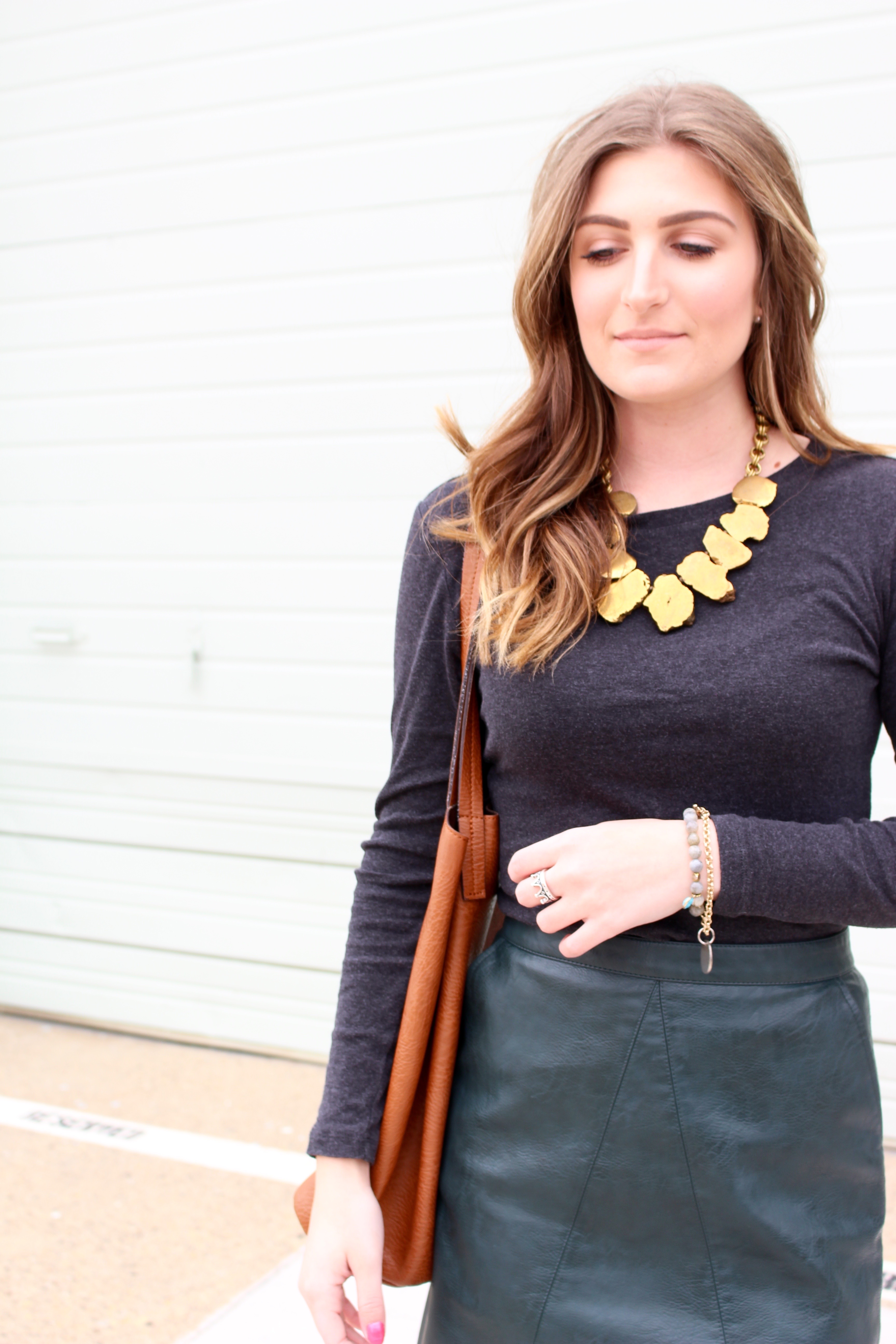 statment necklace - Green Leather Skirt by popular Texas fashion blogger Audrey Madison Stowe