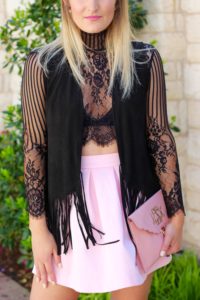 fringe vest with lace top and girly pink skirt