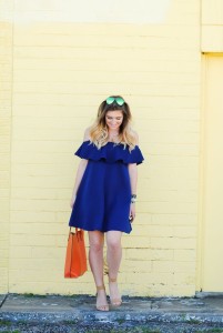 blue dress and bright wall details
