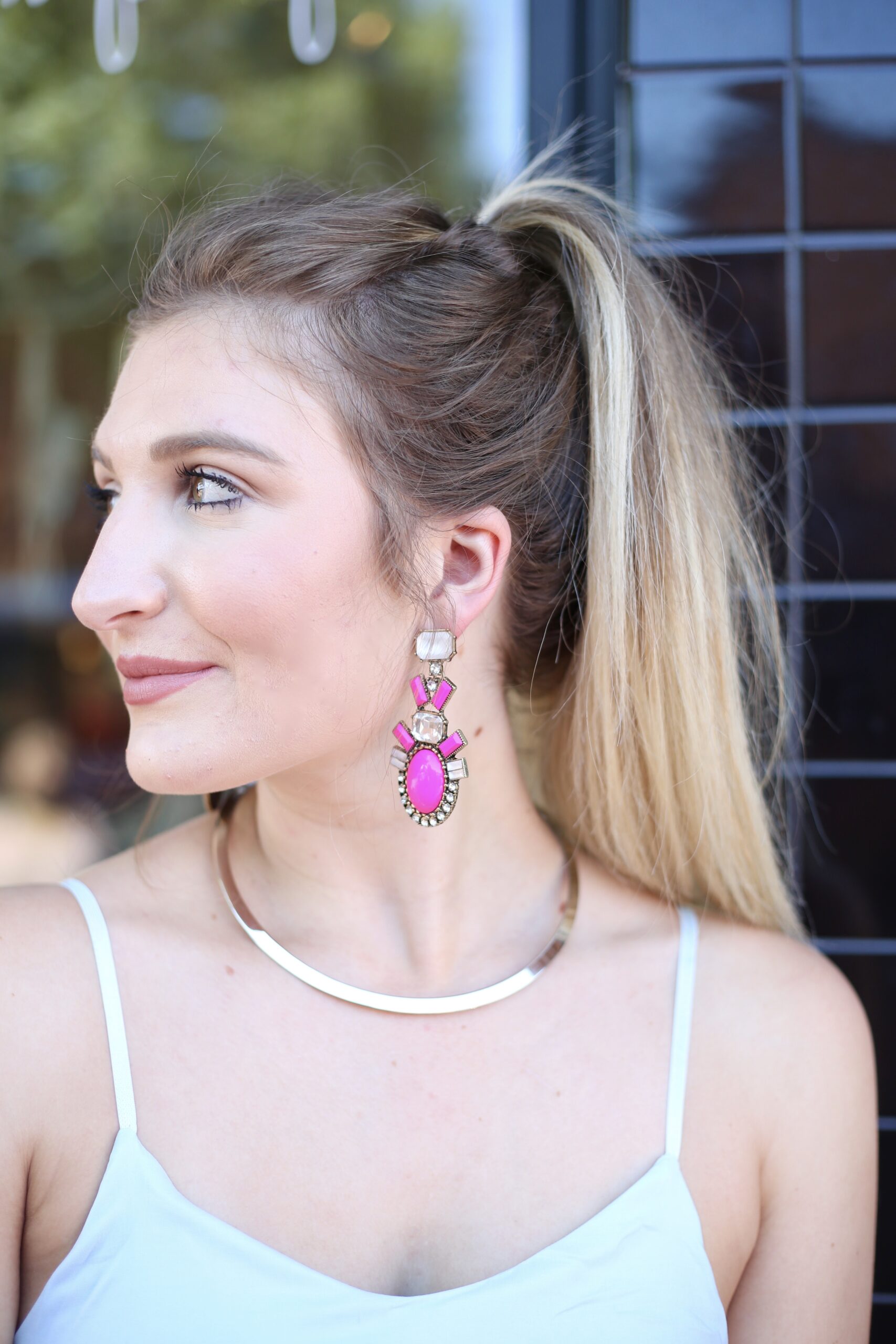 Light Blue Romper + Pink Statement Earrings