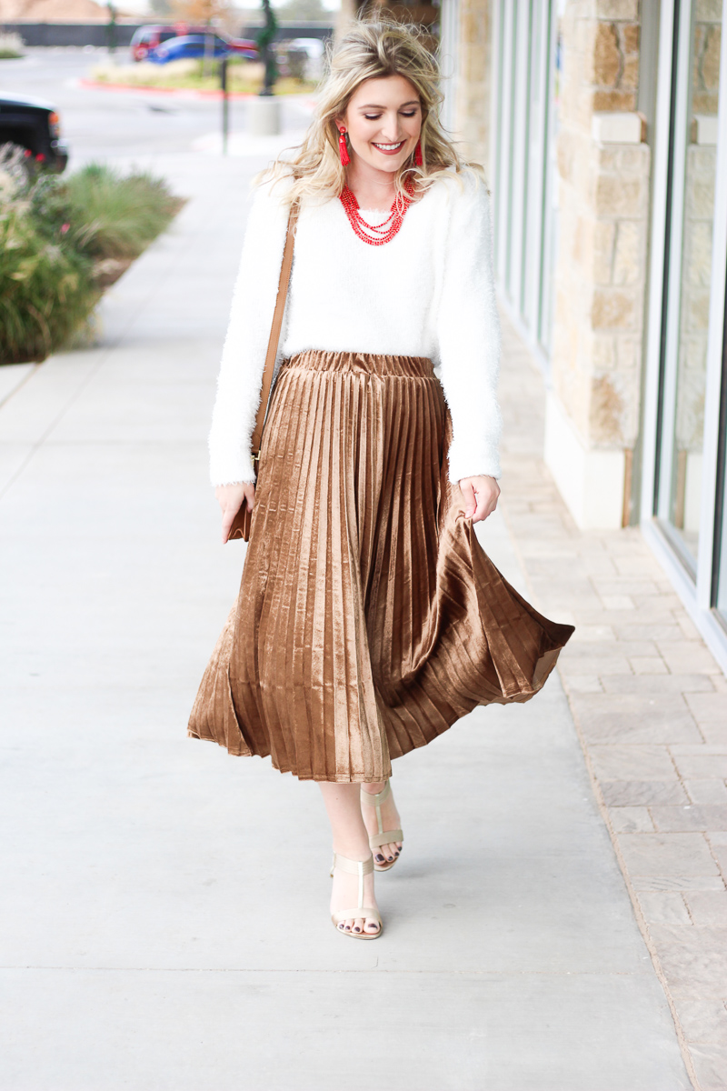 Pleated Skirt + Fuzzy Sweater | Audrey Madison Stowe
