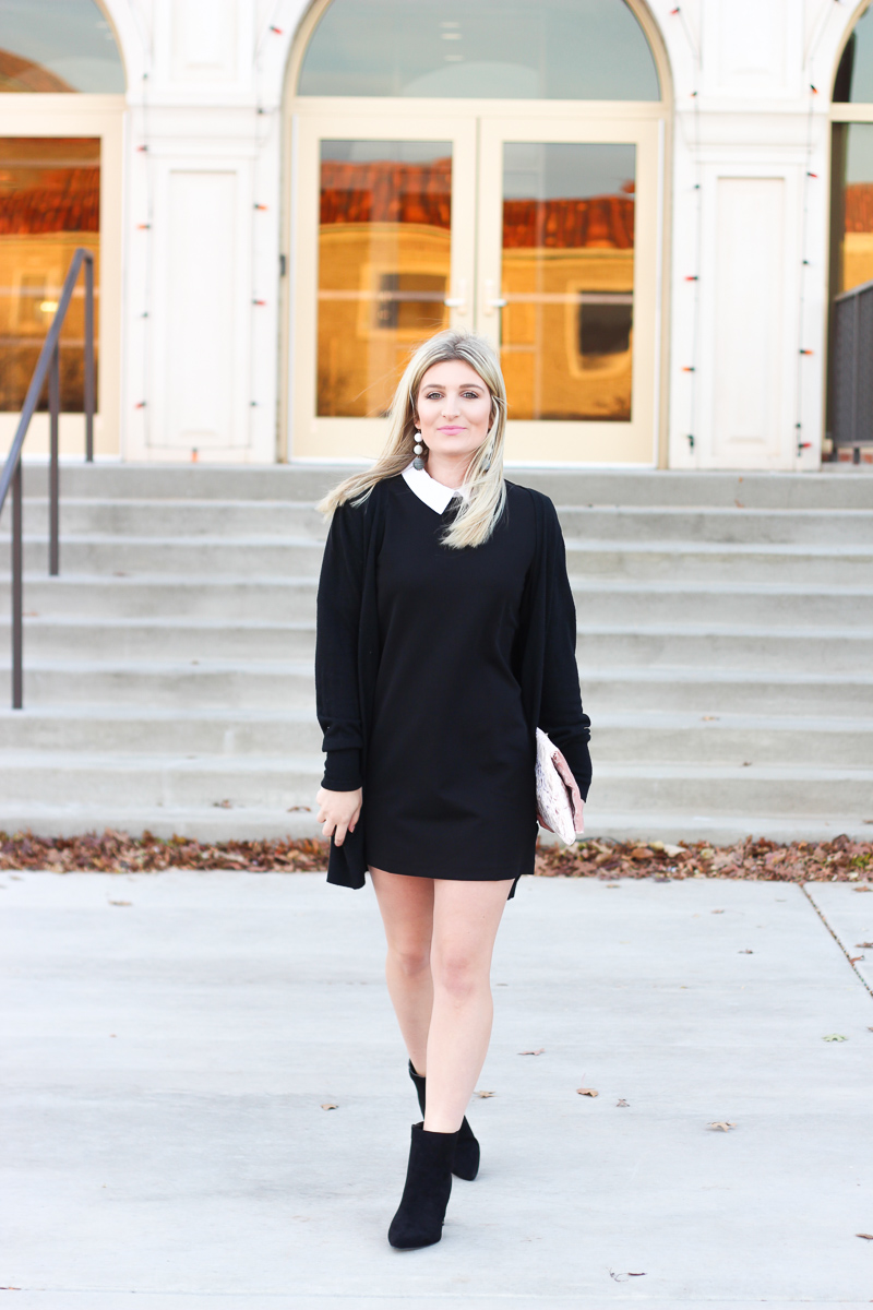 Black Winter Outfit and black booties under $50 by lifestyle blogger Audrey Stowe  | AMS Blog