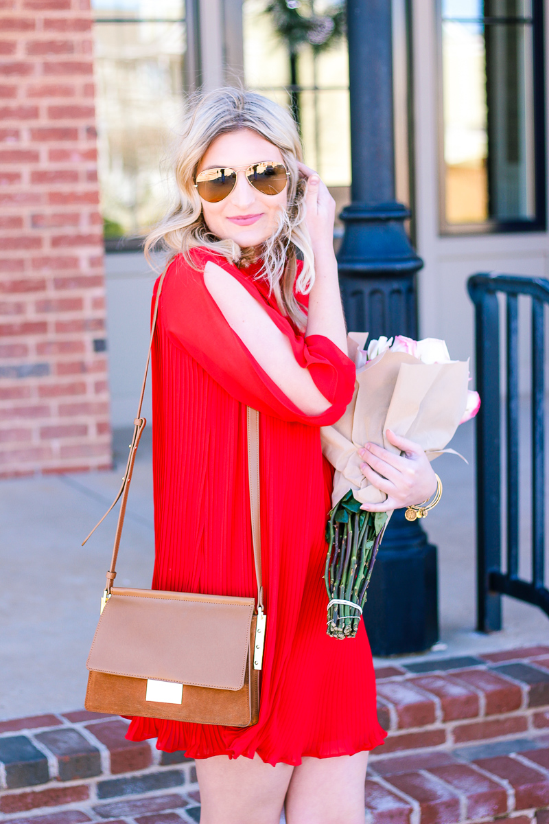 Red Pleated Dress for Valentine's by fashion and lifestyle blogger Audrey Madison Stowe