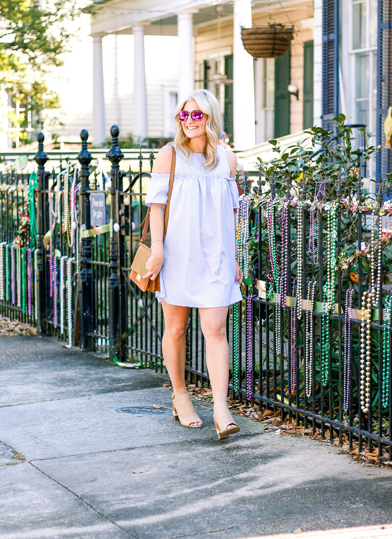 Blue Cold Shoulder Dress + Block Heels by life and fashion blogger Audrey Madison Stowe