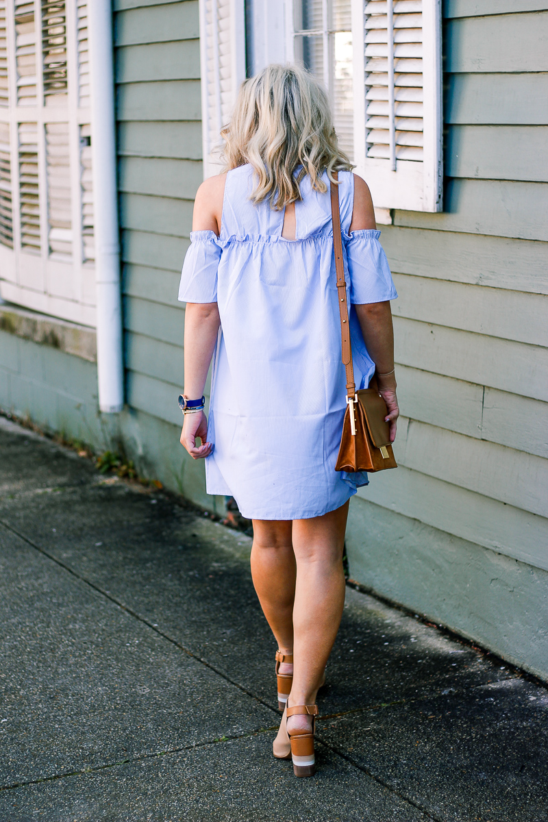 Blue Cold Shoulder Dress + Block Heels by life and fashion blogger Audrey Madison Stowe