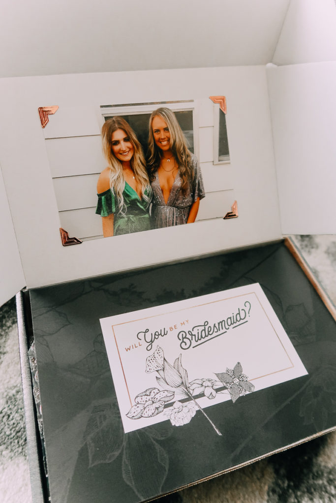 How to Ask your Bridesmaids featured by top US lifestyle blogger Audrey Madison Stowe; Bridesmaid box with photograph.